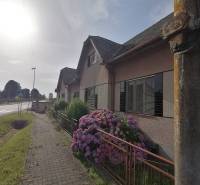 A family house in Hrkovce with a stone path and blooming hydrangeas in the garden.