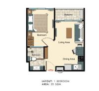Floor plan of a 2-room apartment with a balcony, living area, and dining room, 35 m².