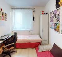 A room in a family house with a bed, a desk, and paintings on the wall.