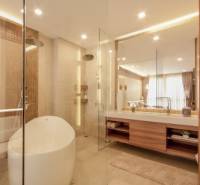 Luxury bathroom with a bathtub in a 3-room apartment, high-quality equipment and lighting.