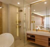 A bathroom in a 3-room apartment with a bathtub, shower, and a large mirror. Elegant lighting complements the space.