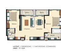 The floor plan shows a 3-room apartment with two bedrooms and two bathrooms, equipped with balconies.