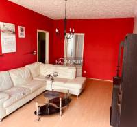 Living room in a 3-room apartment with a white couch, red walls, and a glass table.