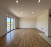 A spacious room with a wooden floor and a large window in a family house.