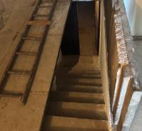 Hidden stairs leading to an underground space, next to an old wooden ladder, close to recreational grounds.