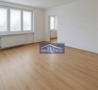 A spacious room with wooden flooring and large windows in a 2-room apartment.