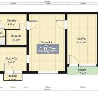 Floor plan of a 2-room apartment with a bedroom, kitchen, living room, loggia, and balcony.