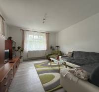 Living room in a family house with a sofa, coffee table, and rugs.