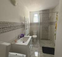 A bathroom in a family house with a shower, toilet, and washing machine, light tiles.
