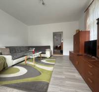 Living room in a family house with a comfortable sofa and a wooden wall unit.