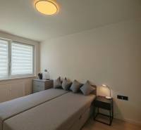 A bedroom with a bed, a cabinet, and windows in a studio apartment, neutral colors.