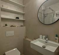 Bathroom in a studio apartment with a round mirror, sink, and toilet.