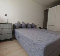 A bedroom with a bed, wardrobe, and dresser in a studio apartment.