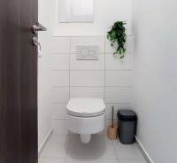 Toilet in a 2-room apartment with white tiles and cleaning supplies.