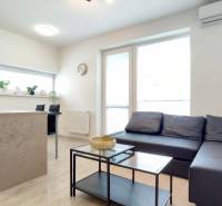 Living area and kitchen of a furnished 2-room apartment with a dining table.