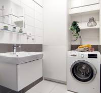 Bathroom in a 2-room apartment with a washing machine, sink, and shelves with decorations.