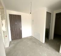 Entrance hall in a 2-room apartment with wooden doors and open spaces.