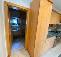 A kitchen in a family house with a wooden cabinet and an entrance to the pantry.