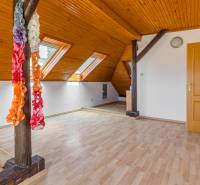 Attic room with skylights and wooden paneling in a family house.