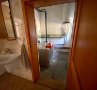 Bathroom with a sink and a view into the utility room in a family house.