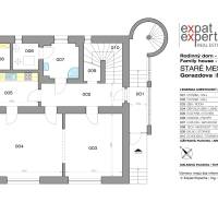 Floor plan of a family house with a kitchen, living room, and bathroom on the first floor.