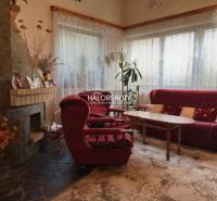 Interior of a family house with a fireplace, red sofas, and a wooden table.