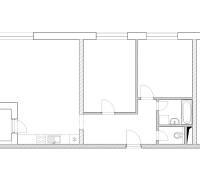 Floor plan of a 3-room apartment with a kitchen, bathroom, and other rooms.