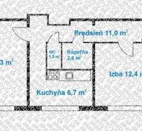 Floor plan of a 2-room apartment with two rooms, a kitchen, a hallway, a bathroom, and a toilet.