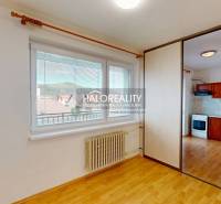 Room with white walls, a radiator, a window overlooking the kitchen, and a studio apartment.