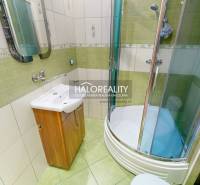 A bathroom with a corner shower in a studio apartment, tiled with green and white tiles.