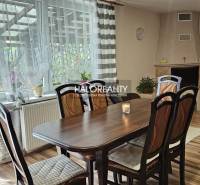 Dining area in a family house with a fireplace and large windows with a view.
