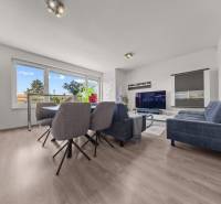 Living room in a 4-room apartment with a dining table, sofa, and television.