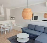 A comfortable living room with a kitchen in a 2-room apartment with elegant furniture and lighting.