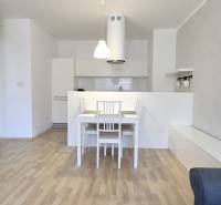 Dining area and kitchen in a 2-room apartment with simple furnishings.