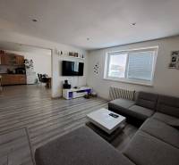 Living room with a kitchen in a family house with a sofa, television, and wooden cabinets.