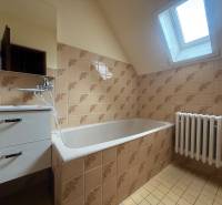 A bathroom in a family house with a bathtub, radiator, and skylight.