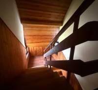 A staircase with wooden paneling in the interior of a family house.
