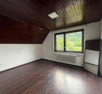 A spacious room in a family house with a wooden ceiling and a view of nature.