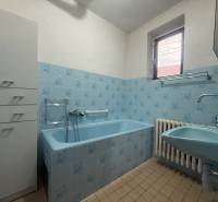 A bathroom in a family house with blue tiles, a bathtub, and a sink.