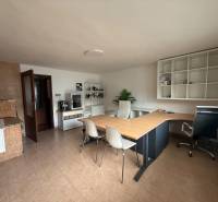 Office in a family house with a large desk, shelves, and a kitchenette.