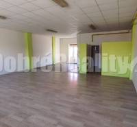 Spacious commercial spaces with laminate flooring and white walls with green stripes.