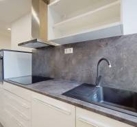 The kitchen in a 2-room apartment, elegant interior with a black sink and built-in appliances.
