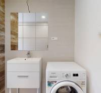 A bathroom in a 2-room apartment with a sink, a washing machine, and wooden paneling on the wall.