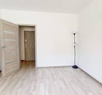 An empty room with laminate flooring and open doors in a two-room apartment.