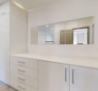 Built-in wardrobe with a large mirror in a 2-room apartment, light wooden floors.