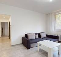 Living room in a two-room apartment with a sofa, coffee table, and bright interior.