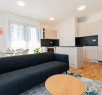 Living room and kitchen in a 3-room apartment with a sofa, coffee table, and dining table.