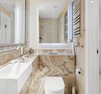 Bathroom in a 3-room apartment with a luxurious sink and mirror, elegant tiles and accessories.