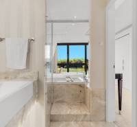 Bathroom with a sink, shower, and entrance to a 3-room apartment.