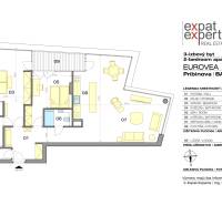 Floor plan of a 3-room apartment on Pribinova with a living room, kitchen, and two bedrooms.